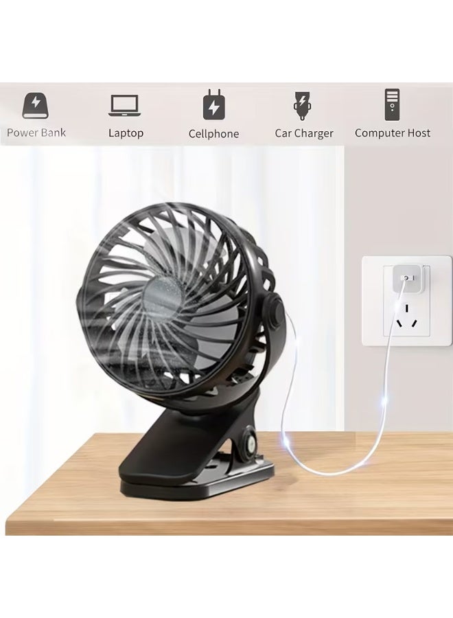 720° Rotatable Clip-On Desk Fan - Portable 3-Speed Rechargeable Mini Fan with LED Night Light - USB Powered Personal Cooling Fan for Office, Home, Travel, Camping & Strollers (Black/Pink/Blue) - Image 4